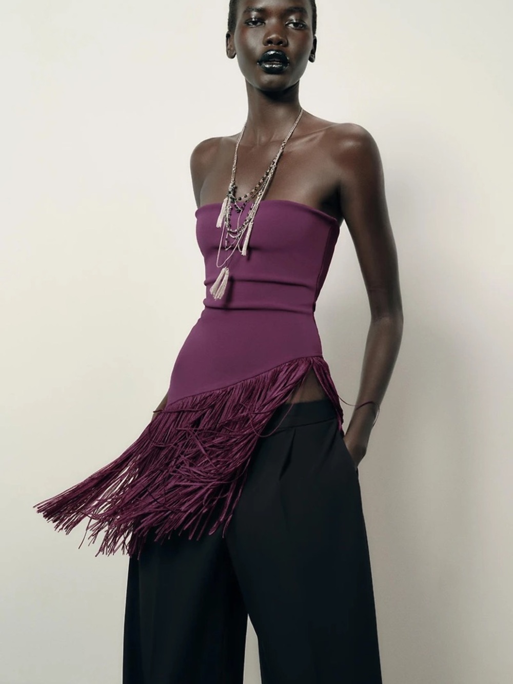 Zara Strapless Fringe Bodice Top in Deep Plum - S